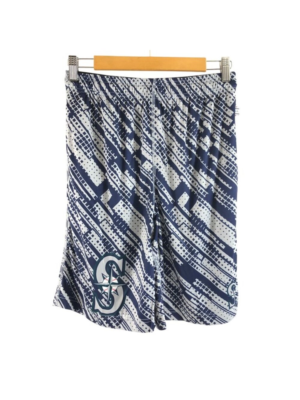 MLB Seattle Mariners Boys Shorts Pull On Striped Gray Navy Blue Pull On Size L